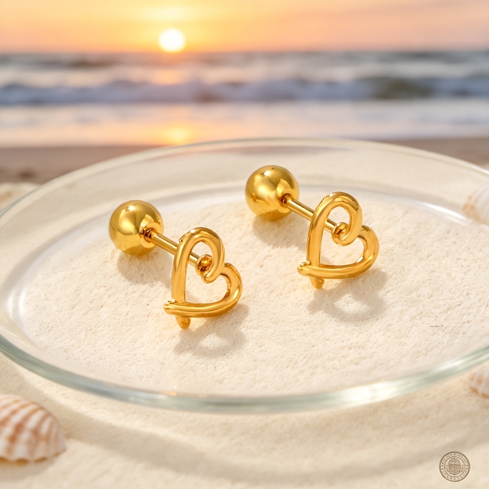 Women's Hollow-Out Heart Screw Ear Studs, Two-Tone Design